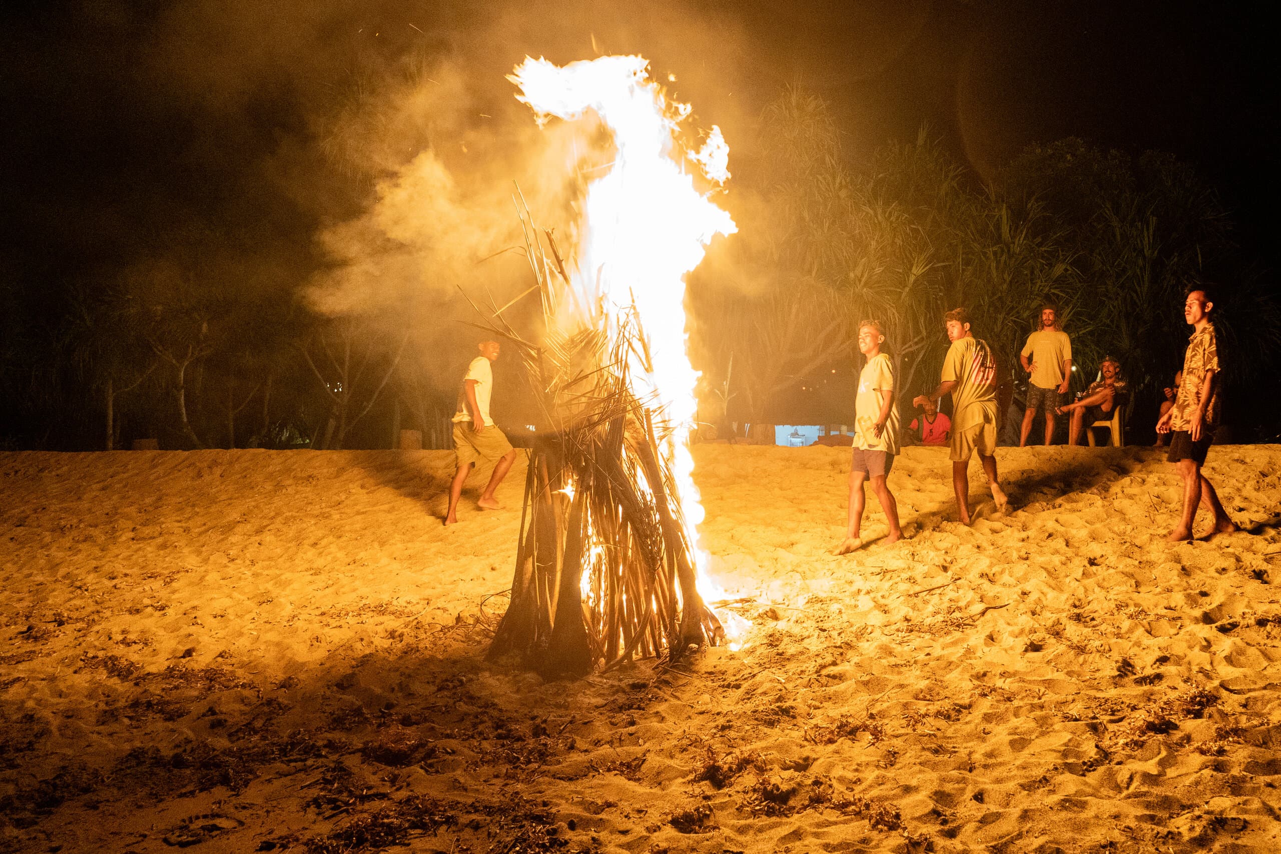 Roaring beach bonfire flames against the night sky